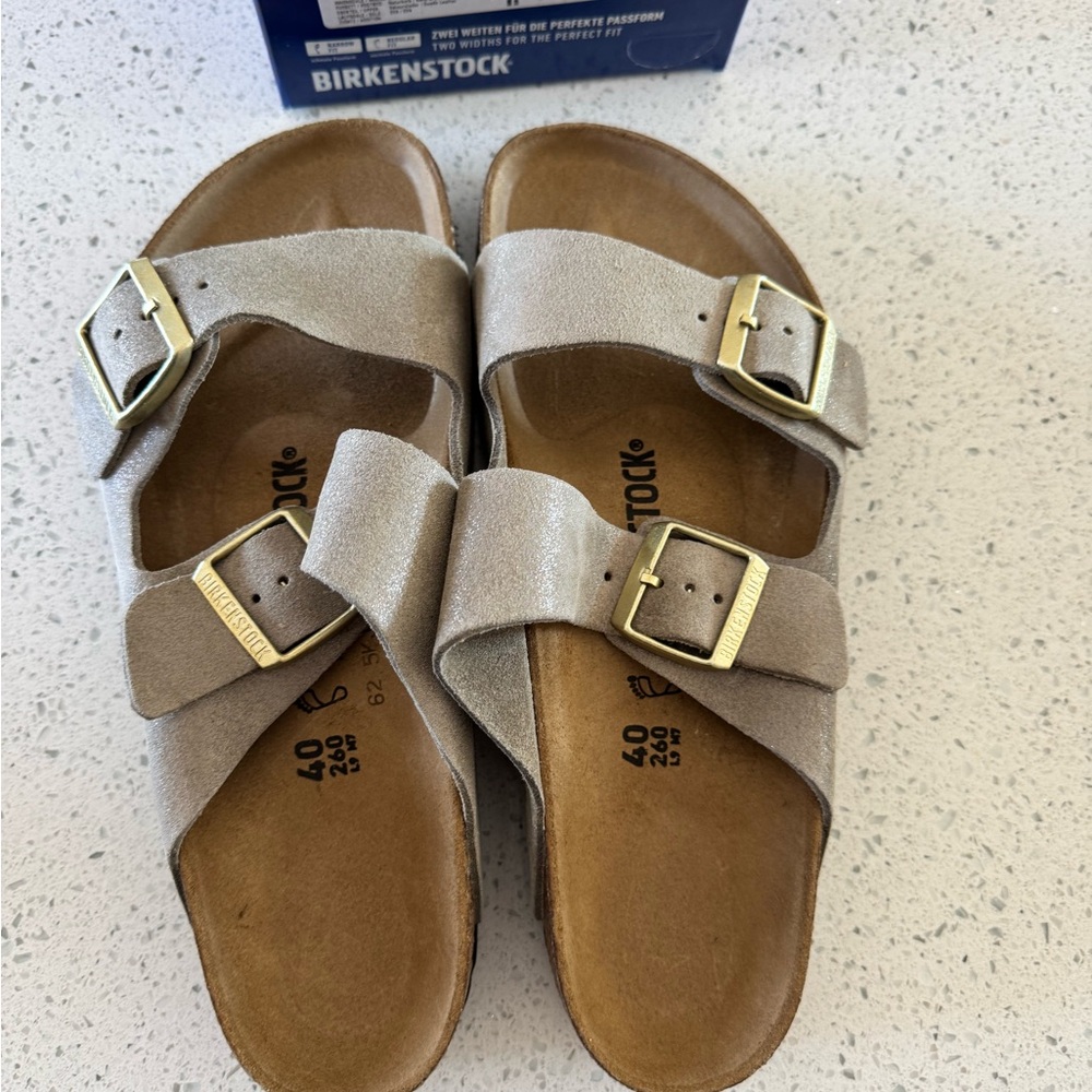 Birkenstock Sandals in Shimmering Taupe with Gold Buckles